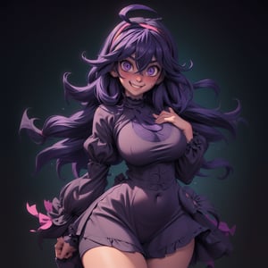 anime, occult, long hair, ahoge, hairband, @ @, 1girl, goth girl, black hairband, dress, messy hair, smile, huge breasts, wide hips, thick thighs, revealing clothing, skindentation, hair between eyes, looking at viewer, solo, bangs, dark purple hair, alternate breast size, open mouth, purple eyes, long sleeves, occult, mania girl, cowboy shot, simple dark background, glowing ghost eyes in background, arms behind body, (masterpiece:1.4), (best quality:1.4), ((blushing)), heavy breathing, 