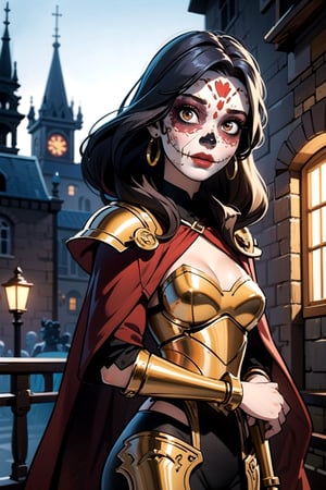 catrina girl, CatrinaMakeUp, gold fantasy armor, paladin, red and black robes, cruisader, sad eyes, medieval city background,