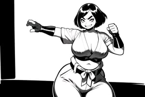 masterpiece, best quality, (mature female, plump, curvy figure, wide hips, thicc, large breasts), ((short)), (short hair, tomboy), black hair, thick eyebrows, ((tan, dark skin)), martial artist, (((hip vent, japanese clothes, dougi, baggy pants))), fingerless gloves, (clothes around waist, sports-bra), excited, smiling, blushing, action pose, ((fighting_stance)), dynamic angle, illustration, ((ink, monochrome)), 