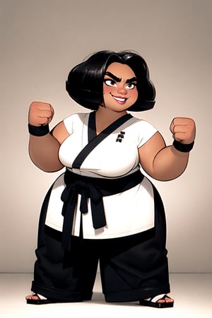 masterpiece, best quality, (mature female, plump, curvy figure, wide hips, thicc, large breasts), ((shortstack)), pretty face, (short hair, tomboy), black hair, thick eyebrows, ((tan, dark skin)), martial artist, (((hip vent))), ((japanese clothes, baggy pants)), excited, smiling, blushing, ((fighting stance)), dynamic angle, illustration, ((ink)),