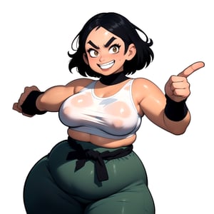 masterpiece, best quality, (mature female, plump, curvy figure, wide hips, thicc, large breasts), ((short)), (short hair, tomboy), black hair, thick eyebrows, ((tan, dark skin)), martial artist, (((hip vent, japanese clothes, dougi, baggy pants))), fingerless gloves, (clothes around waist, sports-bra), excited, smiling, blushing, action pose, ((fighting_stance)), dynamic angle, manga style illustration,ink