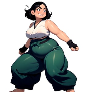 masterpiece, best quality, (mature female, plump, curvy figure, wide hips, thicc, large breasts), ((short)), (short hair, tomboy), black hair, thick eyebrows, ((tan, dark skin)), martial artist, (((hip vent, japanese clothes, dougi, baggy pants))), fingerless gloves, (clothes around waist, sports-bra), excited, smiling, blushing, action pose, ((fighting_stance)), dynamic angle, ink illustration, monochrome, 