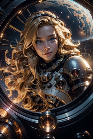 (masterpiece), selfie, centered, Instagram able, steampunk astronaut 1girl, cute smile, red ribbon, long wavy hair, blonde hair, red eyes, steampunk spaceship interior, space background, stray hair, fisheye effect, backlight, dynamic lighting, reflection, depth of field, ultra detailed, intricate, (epic composition, epic proportion), professional work,FF,mecha