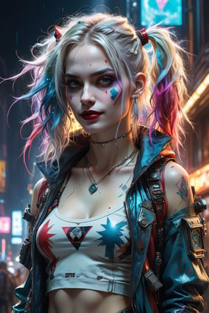 35mm, F/2.8, cyberpunk,shoulder length messy long platinum hair, happy, Full body, piercing Harley Quinn streetwear outfit, hyperdetailed painting, luminism, art by Carne Griffiths and Wadim Kashin concept art, 4k resolution, fractal isometrics details bioluminescence , 3d render, octane render, intricately detailed , cinematic, trending on artstation Isometric Centered hyperrealistic cover photo awesome full color, hand drawn , gritty, realistic mucha , hit definition , cinematic, on paper, ethereal background, abstract beauty,stand, approaching perfection, pure form, golden ratio, minimalistic, unfinished, concept art, by Brian Froud and Carne Griffiths and Wadim Kashin and John William Waterhouse, intricate details, 8k post production, high resolution, hyperdetailed, trending on artstation, sharp focus, studio photo, intricate details, highly detailed, by greg rutkowski, a stunning realistic photograph 30 years