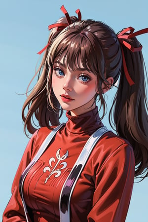 1girl, tohsaka rin, solo, long hair, sweater, red sweater, looking at viewer, blue background, black hair, simple background, two side up, turtleneck, blue eyes, lips, closed mouth, ribbon, hair ribbon, bangs, turtleneck sweater, upper body, parted bangs, black ribbon, ribbed sweater, twintails, nose,
