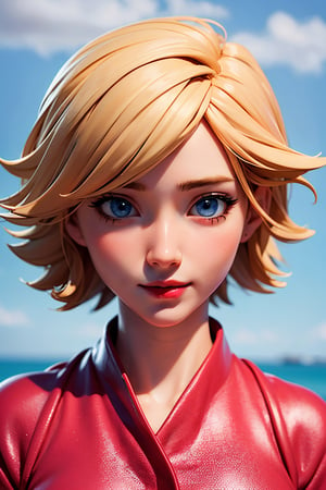 masterpiece, best quality, perfect eyes, blue eyes, short blonde hair, red lips, rose on her hear, beach background, anime, Asuka evangelion, award winning face portrait, blushed face, looking at viewer, ,3DMM