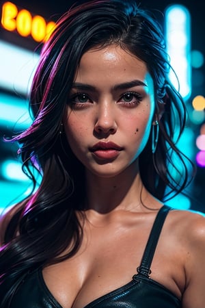 amoled ultra realistic photograph of a 25 years old european girl, RAW, beautiful woman, (extra long wavy black hair neon lighting effect), lara croft look, ((portrait)), ((detailed face:1.2)), ((detailed facial features)), (finely detailed skin), pale skin, (high detailed deep cleavage cyberpunk steel dress), black dark background, (cold colors), damp, moist, reflections, (masterpiece) (perfect proportion)(realistic photo),(best quality), (detailed), (amoled neon lighting), (sharp focus) (intricate),Neon Light