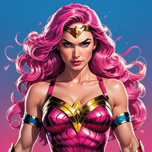 midshot, (cel-shading style:1.3), centered image, ultra detailed illustration wonder woman, pink clothes, hand-fans, ponytail, posing, (tetradic colors), inkpunk, (ink lines:1.1), strong outlines, art by MSchiffer, bold traces, unframed, high contrast, (cel-shaded:1.1), vector, 32k resolution, best quality, flat colors, flat lights, pink hair, brown eyes, flash symbol on the chest 