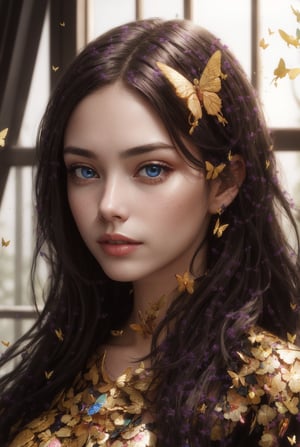 8k portrait of beautiful cyborg with brown hair, intricate, elegant, highly detailed, majestic, digital photography, art by artgerm and ruan jia and greg rutkowski surreal painting gold butterfly filigree, broken glass, (masterpiece, sidelighting, finely detailed beautiful eyes: 1.2), hdr, (detailed background window to a new dimension, plants and flowers:0.7)  infinity, infinite symbol,