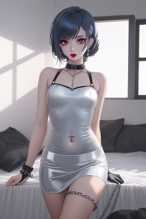 1 little girl, sexy, gothic girl with long hair, black eyeliner, black painted lips, tight clothing all red in color, exposed navel, short skirt, chain, gloves, platinum gray eyes, very dark blue hair, piercings ear,1 small mole on face, hold a mysterious dark cube with both hands, multiple panels