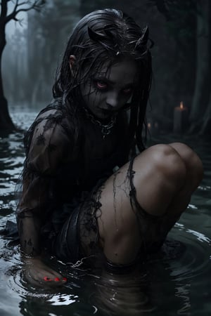 (best quality, vivid colors, realistic), spooky background, gothic style, short black dress, legs exposed dark lighting, intense dark ominous expression, eerie atmosphere, wearing a heavy duty collar with a single chain used as an anchor, floating over a dark lake, detailed eye makeup, long eyelashes, hauntingly beautiful, mystic aura, eerie smile, hauntingly elegant, ghostly presence, full body,  wet long black and gray hair, heavy black mascara around eyes,wet hair