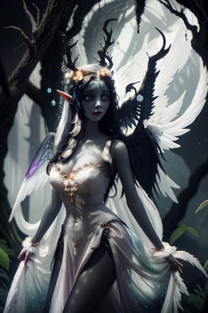 HDR, Ultra detailed illustration of a elf in a magical world full of wonders forest, unique luminous flora, highly detailed, pastel colors, digital art, art by Mschiffer, night, dark, grey bioluminescence, (darkness background:1.2), 1girl, white skin, pale skin,
,Celestial Skin ,angel_wings,zombie bride, edgAntlers