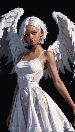 a woman with white hair and blue eyes is in a white dress with a black background and a splash of paint,Celestial Skin ,angel_wings,dark skin,blue skin