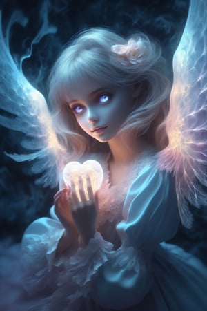 (masterpiece, top quality, best quality, official art, beautiful and aesthetic:1.2), (alluring_lolita_girl), extreme detailed, (fractal art:1.3), colorful, highest detailed, zoom_out, perfect eyes, random hairstyle, forming heart hands ,ghost person, wearing glowing angel wings 