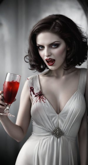  A young vampire woman from the 1920s, dressed party attire from that era with a provocative look. Her pale skin is juxtaposed by long, bloody fangs and crimson stains dripping down her chin, chest, and dress. She holds a goblet overflowing with a frothy beverage, her mysterious expression hinting at a dark secret. The image should be in black and white to better capture the look of the era.
