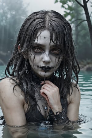 (best quality, vivid colors, realistic), spooky background, gothic style, short black dress, legs exposed dark lighting, intense dark ominous expression, eerie atmosphere, wearing a heavy duty collar with a single chain used as an anchor, floating over a dark lake, detailed eye makeup, long eyelashes, hauntingly beautiful, mystic aura, eerie smile, hauntingly elegant, ghostly presence, full body,  wet long black and gray hair, heavy black mascara around eyes,wet hair