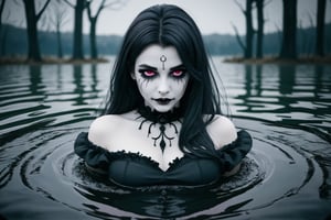 (best quality, vivid colors, realistic), spooky background, gothic style, short black dress, legs exposed dark lighting, intense dark ominous expression, eerie atmosphere, floating over a dark lake, detailed eye makeup, long eyelashes, hauntingly beautiful, mystic aura, eerie smile, hauntingly elegant, ghostly presence, full body,  long black and gray hair, heavy black mascara around eyes
