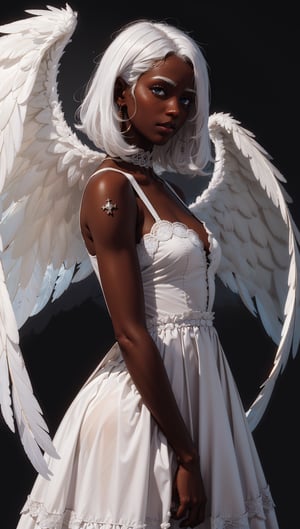 a woman with white hair and blue eyes is in a white dress with a black background and a splash of paint,Celestial Skin ,angel_wings,dark skin