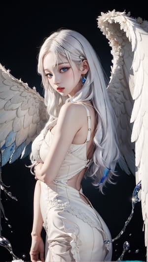 a woman with white hair and blue eyes is in a white dress with a black background and a splash of paint,Celesmm, all white dress, pasty pale very white skin,angel_wings,aespakarina