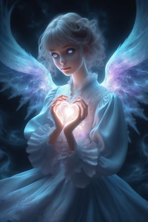 (masterpiece, top quality, best quality, official art, beautiful and aesthetic:1.2), (alluring_lolita_girl), extreme detailed, (fractal art:1.3), colorful, highest detailed, zoom_out, perfect eyes, random hairstyle, forming heart hands ,ghost person, wearing glowing angel wings 