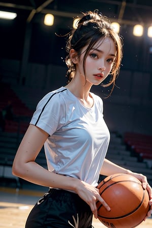 1girl, upper body, wearing tshirt, hand bands, shorts, masterpiece, cinematic scene, slim, athlete, beatiful girl, shinny eyes, white girl, 8k, sweat, sexy, most beautiful girl, medium length hairs, highly detailed, perfectly drawn image, high resolution, ultra high quality, playing basketball, cinematic angle, casual photo, realistic, raw photography