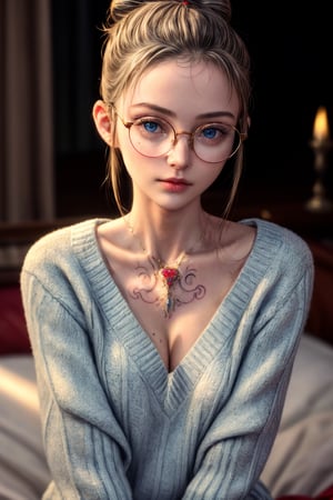 Highly detailed, masterpiece, 1girl, looking_at_viewer, upper_body, wearing big eyeglasses, spectacles,blue eyes, wearing oversized sweater, sharp focus, sitting on bed, bokeh, metal reflection, most beautiful girl, best quality, 3d, 16k, ((very small tatoo on neck:1)), realistic, natural skin, photorealistic, raw photography, real skin, ((27 yrs old:1)), ((one hair bun:1)) , fit