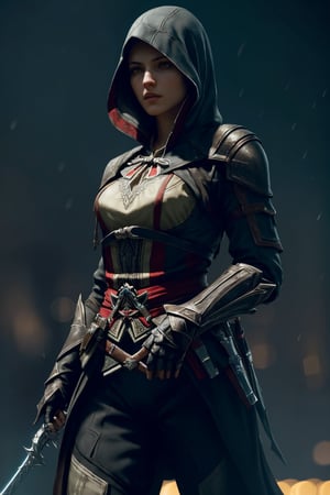 1girl,assassin suit,cinematic,best looks,armored,best assassin outfit, fullbody, ((dark background:1.2)),((night view:1)),((light bokeh)),detailed, sharp focus, photo by greg rutkowski, soft lighting, (masterpiece), (detailed face:1.2),highly detailed,best quality,16k, from below,assassin's creed theme,(detailed hands:1)