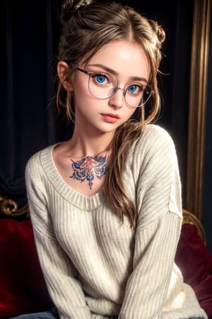 Highly detailed, masterpiece, 1girl, looking_at_viewer, upper_body, wearing big eyeglasses, spectacles,blue eyes, wearing oversized sweater, sharp focus, sitting on bed, bokeh, metal reflection, most beautiful girl, best quality, 3d, 16k, ((very small tatoo on neck:1)), realistic, natural skin, photorealistic, raw photography, real skin, ((27 yrs old:1)), ((one hair bun:1)) , fit