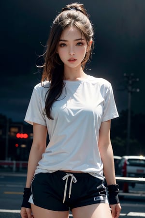 1girl, upper body, wearing tshirt, hand bands, shorts, masterpiece, cinematic scene, slim, athlete, beatiful girl, shinny eyes, dark weather, white girl, 8k, sweat, sexy, most beautiful girl, medium length hairs, highly detailed, perfectly drawn image, high resolution, ultra high quality