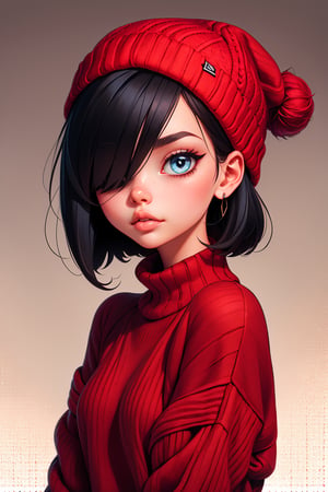 score_9, knva, halftone effect, 1girl, solo, red sweater, black bob hair, hair covering one eye, red knitted hat,