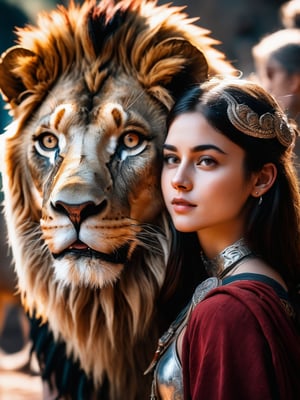 photo of  a girl with a lion, silver and red, hurufiyya, adventurecore, wood, caravaggism, beautiful,  dslr, 8k, 4k, ultrarealistic, realistic, natural skin, textured skin