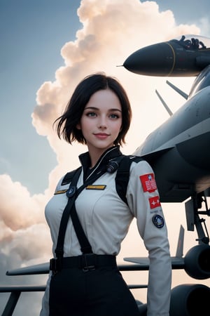 
masterpiece ,best quality,official art, extremely detailed,highly detailed,8k resolution ,bust,realistic,female,solo,pilot,medium breasts,white_marble_glowing_skin,aqua eyes,light smile,short hair,pilot_uniform of PLA,stands on the deck of an aircraft carrier, behind her is the F16 fighter, available light ,Realistic,RAW photo,dslr,soft lighting,film grain,	
Canon RF 85mm f/1.2L,Screen Space Refraction,high detailed skin,natural skin texture,beautiful detailed glow,floating ashes,beautiful and detailed explosion,fire cloud,,a cloudy sky,,smoke of gunpowder,burning,black dress,dove of peace,(floating cloud:1.2)