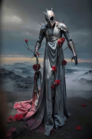masterpiece, 8k full, highly detailed, majestic, digital photography, art by artgerm, 1boy, From bottom to top, the camera captures the chilling sight of a knight covered in diffuse light, knight draped in a crimson red, aged, and dusty tunic stands before the camera, a giant black rose is visible through the tunic's aperture, a massive black rose with dried petals and mold covering some parts, concealing the entire face, This eerie image is accentuated by the diffuse light that highlights the details of the venomous thorns and black petals, creating an ominous aura around the knight and the rose, The knight is mounted on an old chariot, pulled by a semi-dead horse, with decaying parts and repulsive worms visible, Blood and pus ooze from the horse's wounds, contributing to the macabre atmosphere,