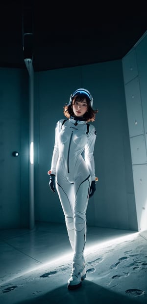 a girl,  full body,  sexy young athletic girl with black eyes, short hair, a helmet in spaceship indoor,  slim perfect body shape ,  extremely detailed,  detail face,  soft lights,  deep shadow,  vivid colors,  epic scale,  wide-angle,  light source contrast,  RAW photo,  movement,  sharp clarity atmosphere,  fish-eye lens,  symmetry photo,  perfect body ratio (1:1.618),  Mysterious extraterrestrial creatures,  Space explorers,  Stanley Kubrick,  2001 A Space Odyssey,  Awe-inspiring technology,  Blue-red radiance,  motion poses,  tight_outfit,  space suit, searching the life, pussy, floating poses,Bora,wetshirt,edgPlugsuit