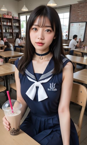 score_9, score_8_up, score_7_up, masterpiece, best quality, high resolution, realistic, 1girl, solo, Korean girl, looking at viewer, cowboy shot, long black hair, bangs, brown eyes, big breasts, sailor suit, skirt, sitting, table, chairs, (boba milk tea:1.3), beverage shop, 3D,,source_anime,choker,straight hair,detailed face and eyes,Realistic Blue Eyes,detailed skin