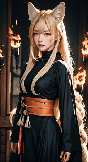 a Japanese ninja nine tails fox-girl, long white fire hair, high quality, high resolution, high precision, realism, color correction, proper lighting settings, harmonious composition