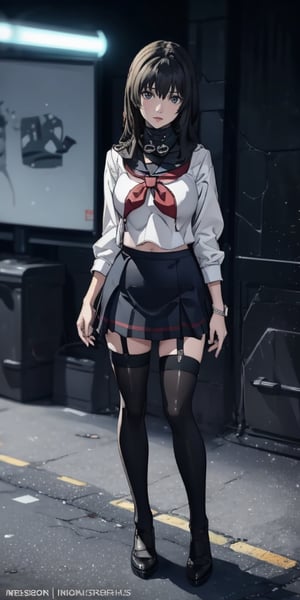 (masterpiece),(best quality), (ultra-detailed),HDR,UHD,8K,realistic,Highly detailed,(illustration),cinematic_lighting,ultra-fine painting,extreme detail description,1girl,long hair,black hair,light smile, hair clip, hairclip,school uniform,plaid skirt,white thighhighs,legs,loafers,((black footwear)),standing,street,day,looking_at_viewer, ,black thighhighs 
