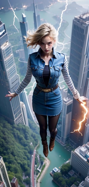 masterpiece, ultra realistic, 8K, Android_18_DB, full body, denim skirt, pantyhose, face focus, blond hair, look afar, top-down view,no gravity, she is weightlessness and flying through the buildings, cityscape, superwoman position,lighting, dramatic ball lightning between hands, thunder rings