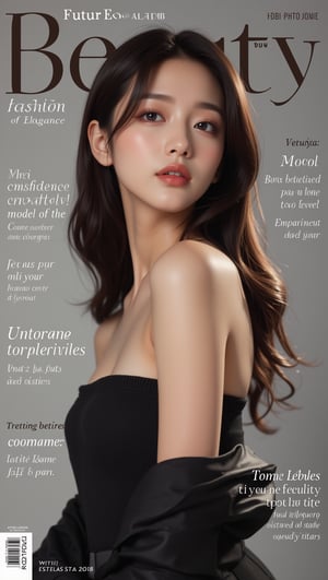 A high-fashion magazine cover featuring a close-up, upper-body shot of a beautiful Japanese female model with an enhanced bust size, confidently posing with elegance. Her sharp yet graceful facial features are highlighted, and she wears a stylish, modern outfit that accentuates her figure while maintaining a sophisticated and polished look. The background is a neutral gray with professional, magazine-quality lighting that enhances her photorealistic skin texture.

Across the cover, bold and stylish magazine text is displayed, including the title in elegant font: **"FuturEvoLab Beauty"** at the top. Other headlines include:
- **"Fashion Forward: The Future of Elegance"**
- **"Secrets to Confidence and Style"**
- **"Model of the Year: Embracing Allure and Power"**

The overall composition combines high-end fashion photography with captivating headlines that frame the model’s pose, drawing attention to her beauty and presence. The cover reflects sophistication, confidence, and modern fashion, with the FuturEvoLabBeautify aesthetic enhancing the visual impact.