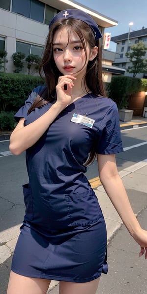 (masterpiece), high quality,a young female nurse looking on left side, nurse wearing scrubs, nurse uniform, ,Night scene,perfect, sexy pose, sexy dress, big, breasts , chest little open,nurse at the outdoor with an embarrassing  pose, nearly falling down