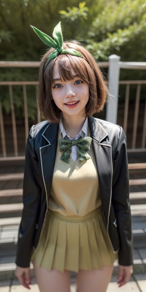 masterpiece, best quality, highres, aayotsuba, short hair, hair ribbon, green ribbon, hairband, green bow, sweater vest, blazer, black jacket, open clothes, long sleeves, green skirt, pleated skirt, , standing, cowboy shot, outdoors, smile, open mouth, ,aayotsuba,Detailedface