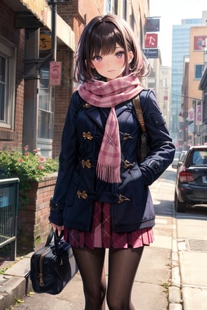  ((masterpiece:1.4, best quality)), ((masterpiece, best quality))BREAK (dark-navy theme:1.3), (Wear a dark-navy duffel coat over school uniform and exposed only skirt-hem:1.4), (black and white plaid-pattern pleated skirt:1.1), ((dark-brown pantyhose, loafers):1.2), 
BREAK (pink theme:1.3), (plaid-pattern knitted pink scarf:1.4),