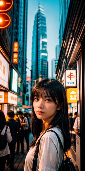 Jet black hair contrasting with neon highlights, eyes capturing the bustling energy of a city at night. Skyscrapers and traffic lights framing her silhouette,Hong Kong Old District, 1girl, face camera