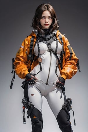 1 girl, solo girl, Lady, full body, dark brown hair, Girl wearing white tech bodysuit, breasts appear, grey sports leggings, tech harnesses, cargo, straps, tech wear, military jacket red pilot, front image, symmetrical image, plain background, no background, gradient background, camel_toe, no background, round ass, front image, symmetrical image, 