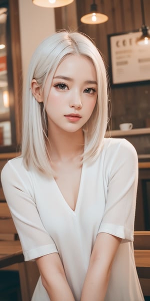 photo of a woman taken by i phone, soft smile, long straight white hair, thin nose, high cheek bones, depth of field, coffee shop background, highly detailed, detailed blue eyes,Detailedface