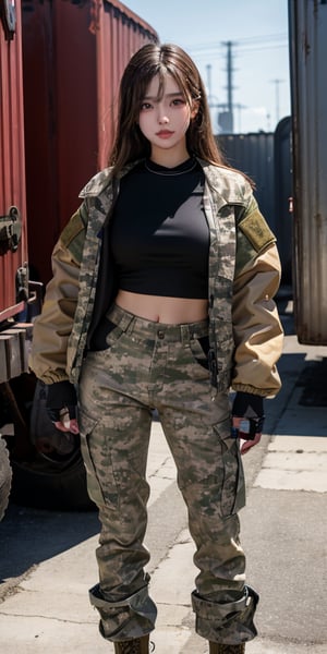 A fierce young woman with a military style short jacket and pants, standing in an industrial setting with large metal containers behind her. She is wearing a camo-print jacket, cargo pants, and combat boots. The industrial area is filled with heavy machinery and rusted metal. The camera uses a low-angle shot with a 35mm lens, giving her a commanding presence in the frame. The lighting is harsh and direct, casting strong shadows that highlight the ruggedness of her outfit and the toughness of the setting. The image is in 4K resolution, capturing the gritty details of her military-inspired clothing and the raw, industrial environment, 