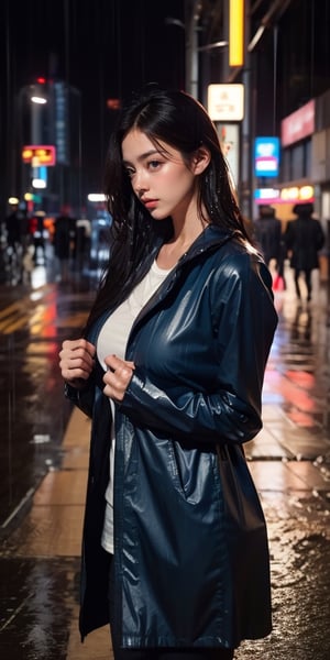 girl, sad face, raincoat, wet,wet hair, wet coat, Standing in Hong Kong, rain, rainy, ((heavy rain)), smooth soft skin, realistic, best quality, masterpiece, photorealistic, Cinematic lighting, closeup shot,wetshirt