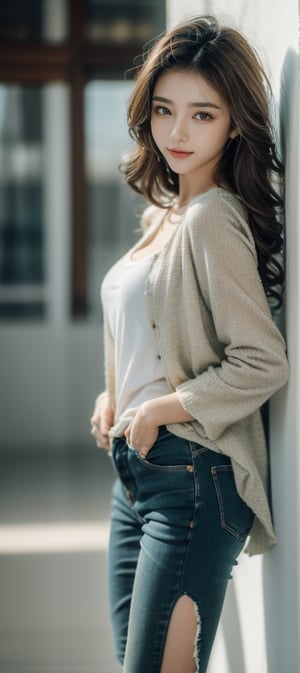 (((masterpiece))), top quality, (beautiful and delicate girl), beautiful and delicate light, (beautiful and delicate eyes), mysterious smile, (brown eyes), (dark black long hair), medium breasts, female 1 , frontal shot , Korean, soft expression, tall, jacket, patterned t-shirt, half jeans, sneakers,