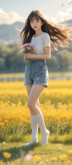 background is flower field,grass field,horizon,wind blowing,petals blowing,16 yo, 1 girl, beautiful girl,smile,
wearing denim overalls skirt,long socks,standing on flower field,holding buquet, cowboy shot,very_long_hair, hair past hip, bangs, curly hair, realhands, masterpiece, Best Quality, 16k, photorealistic, ultra-detailed, finely detailed, high resolution, perfect dynamic composition, beautiful detailed eyes, ((nervous and embarrassed)), sharp-focus, full body shot,pink flower,flower