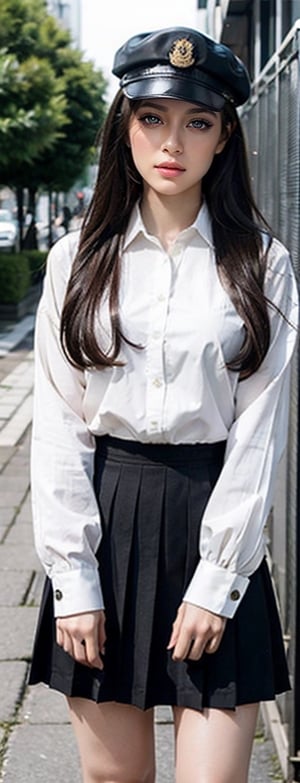 beautiful 20 year old japanse girl, 
good posture,classy,adventurous, fierce, motivated feminine portait,sweaty modest,
sweet,portrait, 50mm, film grain, bokeh, closeup,long hair,ear_rings,full-body_portrait,look at camera,Realism,Sexy Pose,far,long distance,bright,camo military_cap,school uniform,Nice legs and hot body,better_hands,Detailedface,dating attire